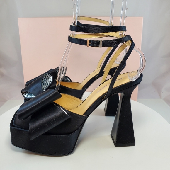 NWT$1,010 MACH & MACH Le Cadeau Black Silk & Crystal Bow Platform Sandal Sz 39.5 - Picture 13 of 17
